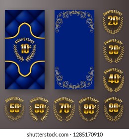 Set of anniversary card, invitation with laurel wreath, numbers. Decorative gold emblem of jubilee on blue background. Filigree element, frame, border, icon, logo for web, page design in vintage style