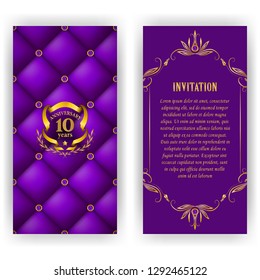 Set of anniversary card, invitation with laurel wreath, number. Decorative gold emblem of jubilee on purple background. Filigree element, frame, border, icon, logo for web, page design, vintage style