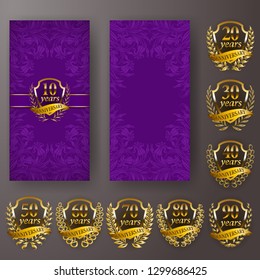 Set of anniversary card, invitation with laurel wreath, numbers. Decorative gold emblem of jubilee on purple background. Filigree element, frame, border, icon, logo for web, page design, vintage style