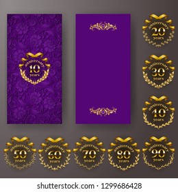 Set of anniversary card, invitation with laurel wreath, number. Decorative gold emblem of jubilee on purple background. Filigree element, frame, border, icon, logo for web, page design,vintage style