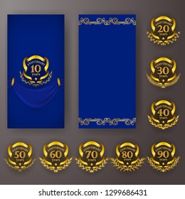 Set of anniversary card, invitation with laurel wreath, numbers. Decorative gold emblem of jubilee on blue background. Filigree element, frame, border, icon, logo for web, page design in vintage style