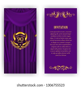 Set of anniversary card, invitation with laurel wreath, numbers. Decorative gold emblem of jubilee on purple background. Filigree element, frame, border, icon, logo for web, page design, vintage style