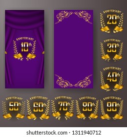 Set of anniversary card, invitation with laurel wreath, numbers. Decorative gold emblem of jubilee on purple background. Filigree element, frame, border, icon, logo for web, page design, vintage style