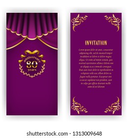 Set of anniversary card, invitation with laurel wreath, number. Decorative gold emblem of jubilee on magenta background. Filigree element, frame, border, icon, logo for web, page design, vintage style
