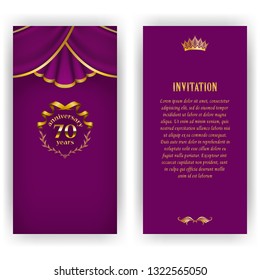 Set of anniversary card, invitation with laurel wreath, number. Decorative gold emblem of jubilee on magenta background. Filigree element, frame, border, icon, logo for web, page design, vintage style