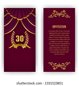 Set of anniversary card, invitation with laurel wreath, numbers. Decorative gold emblem of jubilee on maroon background. Filigree element, frame, border, icon, logo for web, page design, vintage style