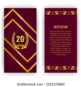 Set of anniversary card, invitation with laurel wreath, number. Decorative gold emblem of jubilee on maroon background. Filigree element, frame, border, icon, logo for web, page design in retro style