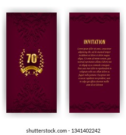 Set of anniversary card, invitation with laurel wreath, number. Decorative gold emblem of jubilee on maroon background. Filigree element, frame, border, icon, logo for web, page design, vintage style