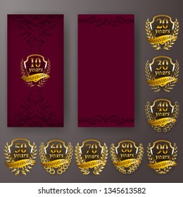 Set of anniversary card, invitation, laurel wreath, number. Decorative gold emblem of jubilee on maroon background. Filigree volume element, frame, border, icon, logo for web, page design, retro style