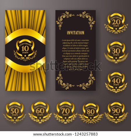 Set of anniversary card, invitation with laurel wreath, number. Decorative gold emblem of jubilee on black background. Filigree element, frame, border, icon, logo for web, page design in vintage style
