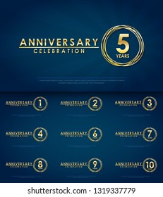 set of anniversary celebration emblem, 1st-10th anniversary golden logo with ring. template design for web, game ,creative poster, booklet, leaflet, flyer, magazine, greeting and invitation card