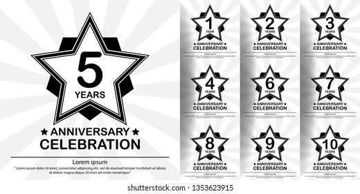 set of anniversary celebration emblem, 1st-10th anniversary star logo label, black and white stamp isolated. template design for web,poster, booklet, leaflet, flyer, greeting and invitation card