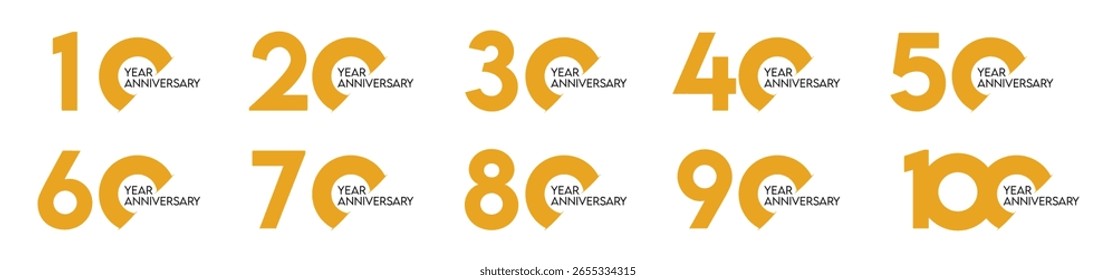 Set of anniversary celebration logo in flat style in golden and black color