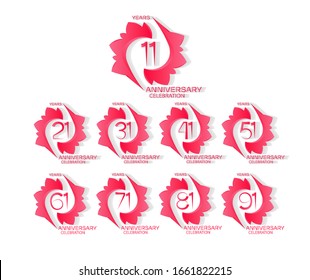 Set of anniversary celebration. Anniversary logo with flower and elegance pink color isolated on white background, vector design for celebration, invitation card, and greeting card
