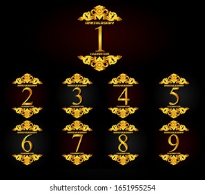 Set of anniversary celebration. Anniversary logo with gold color ornament motif, vector design for celebration, invitation card, and greeting card