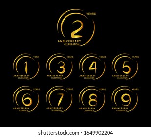 Set of anniversary celebration. Anniversary logo with ring and elegance golden color isolated on black background, vector design for celebration, invitation card, and greeting card