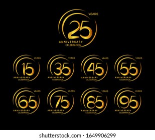 Set of anniversary celebration. Anniversary logo with ring and elegance golden color isolated on black background, vector design for celebration, invitation card, and greeting card