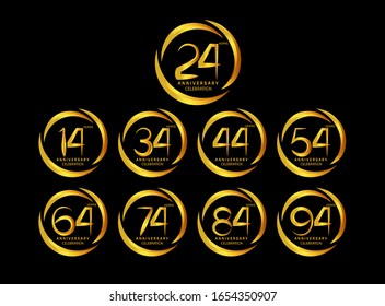 Set of anniversary celebration. Anniversary logo with ring and golden color isolated on black background, for web ,Creative poster, booklet, leaflet, flyer, magazine, invitation card