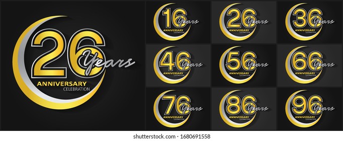 Set of anniversary celebration. Anniversary logo with ring silver and gold color isolated on black background, vector design for celebration, invitation card, and greeting card