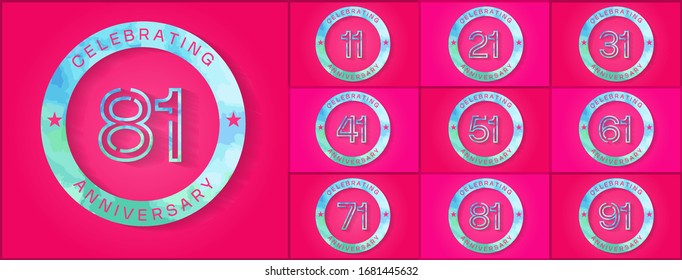 Set of anniversary celebration. Anniversary logo with ring and Shades of blue color isolated on pink background, vector design for celebration, invitation card, and greeting card