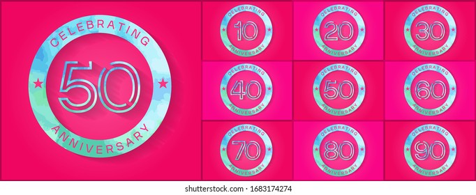 Fiesta de aniversario. Logo del aniversario con anillo y tonos azules aislados en fondo rosa, diseño vectorial para celebración, tarjeta de invitación y tarjeta de saludo