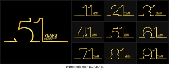 Set of anniversary celebration logotype with golden color isolated on black background for booklet, leaflet, magazine, brochure poster, web, invitation or greeting card. Vector illustration.