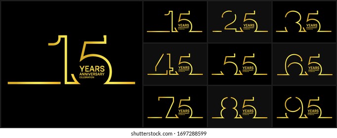 Set of anniversary celebration logotype with golden color isolated on black background for booklet, leaflet, magazine, brochure poster, web, invitation or greeting card. Vector illustration.