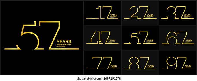 Set of anniversary celebration logotype with golden color isolated on black background for booklet, leaflet, magazine, brochure poster, web, invitation or greeting card. Vector illustration.