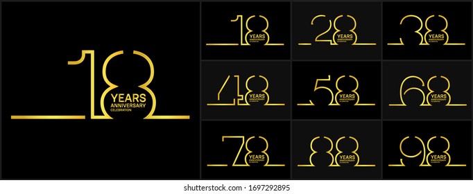 Juego de logotipo de celebración de aniversario con color dorado aislado en fondo negro para folleto, folleto, revista, póster de folleto, web, invitación o tarjeta de saludo. Ilustración vectorial.