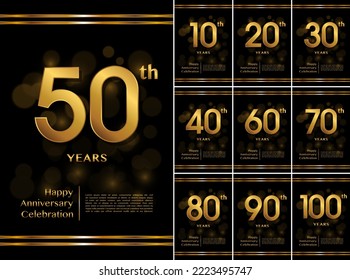 Conjunto de diseño de plantillas de celebración de aniversario con texto dorado para el evento de celebración de aniversario. Ilustración del vector