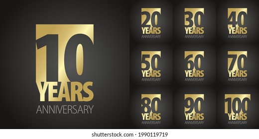 Set of Anniversary decades vector creative design emblems with negative space numbers golden color for celebration event, invitation, greeting, web template, leaflet and booklet