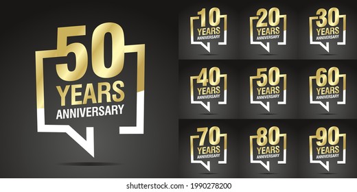 Set of Anniversary decades vector creative design emblems with speech brackets numbers golden color for celebration event, invitation, greeting, web template, leaflet and booklet