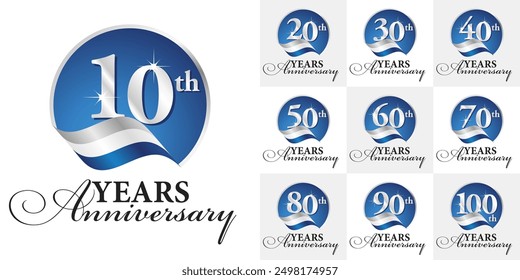 Set of Anniversary decades vector creative design circle emblems with ribbon and silver numbers blue color on white background for celebration event, invitation, greeting, web template, leaflet and bo