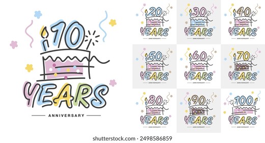 Set of Anniversary decades vector creative design. Handwritten colorful numbers with cake, candle, sparkler and confetti for celebration birthday, event, invitation, greeting, template, leaflet and bo