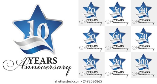 Set of Anniversary decades vector creative design star emblems with ribbon and silver numbers blue color on white background for celebration event, invitation, greeting, template, leaflet and booklet