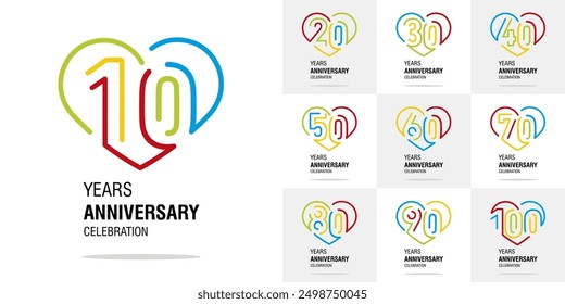 Set of Anniversary decades vector creative design. Colorful line art heart shape emblems with numbers for celebration event, invitation, greeting, template, leaflet