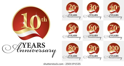 Set of Anniversary decades vector creative design circle emblems with ribbon and golden numbers red color on white background for celebration event, invitation, greeting, web template, leaflet