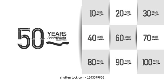 set of anniversary design black flat color and ribbon on white background for celebration