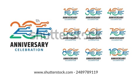 Set of anniversary design colored circuit technology number