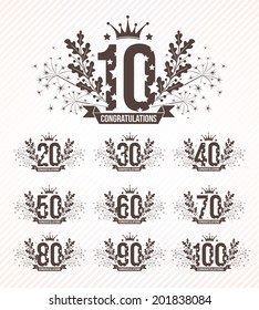 Set of anniversary design emblems in retro style. Monochrome version.