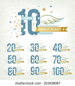 Set of anniversary design emblems in retro style.