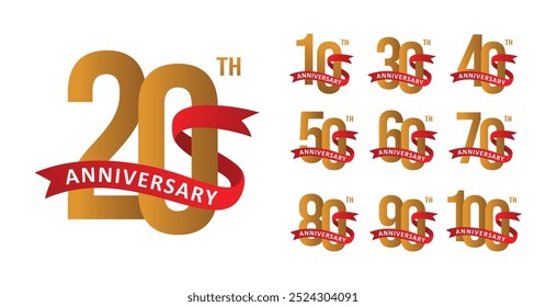 Set of anniversary design gold ribbon number