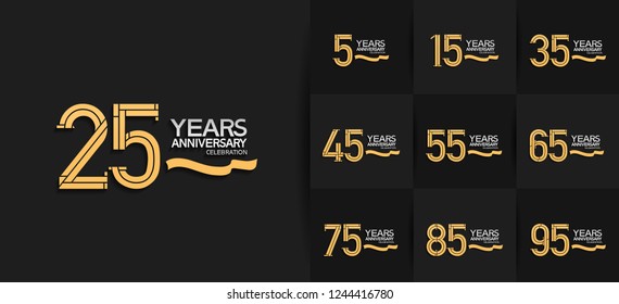 set of anniversary design gold and silver color with ribbon for celebration moment