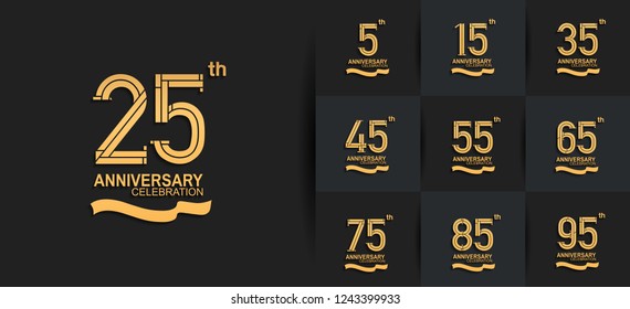 conjunto de diseños de aniversario color dorado con cinta sobre fondo negro para momento de celebración