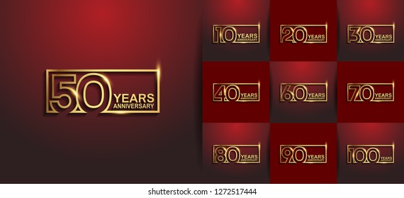 set of anniversary design golden color in square on red background