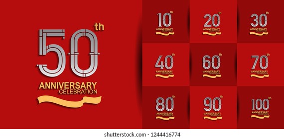 set of anniversary design silver and golden color on red background for celebration