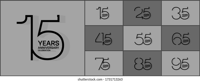 Set of anniversary with elegant black line motifs on grey background for celebration event, wedding, greeting card, and invitation
