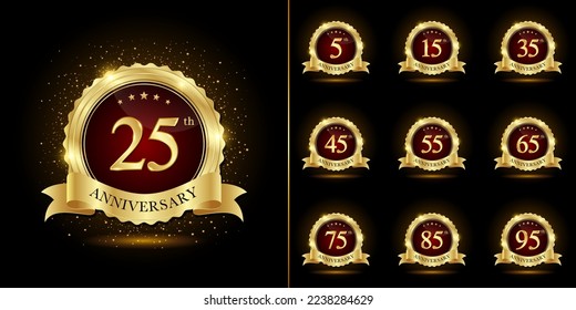 Set of Anniversary Emblem Design with Golden Text and Ribbon. Logo Vector Illustration.