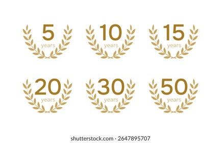 Set of anniversary emblem with golden laurel wreath. Vector illustration