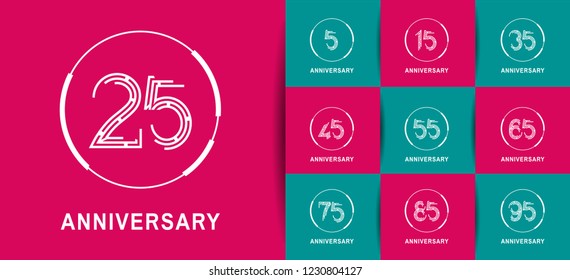 set of anniversary emblems flat white color with ring for booklet, leaflet,invitation card, magazine, poster, web, greeting card of celebration event
